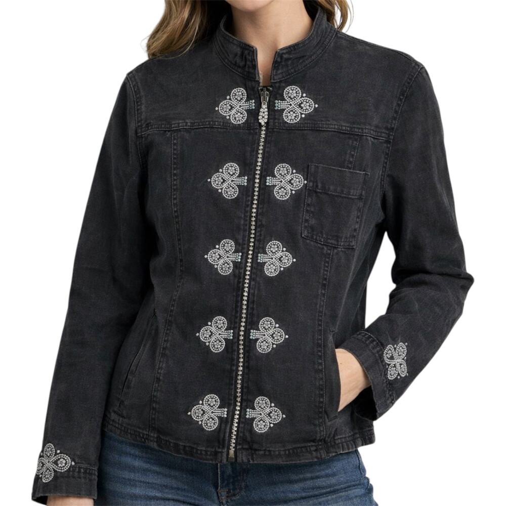 Vintage Christine Alexander Jean Jacket Swarovski Crystals Full Zip Black Large